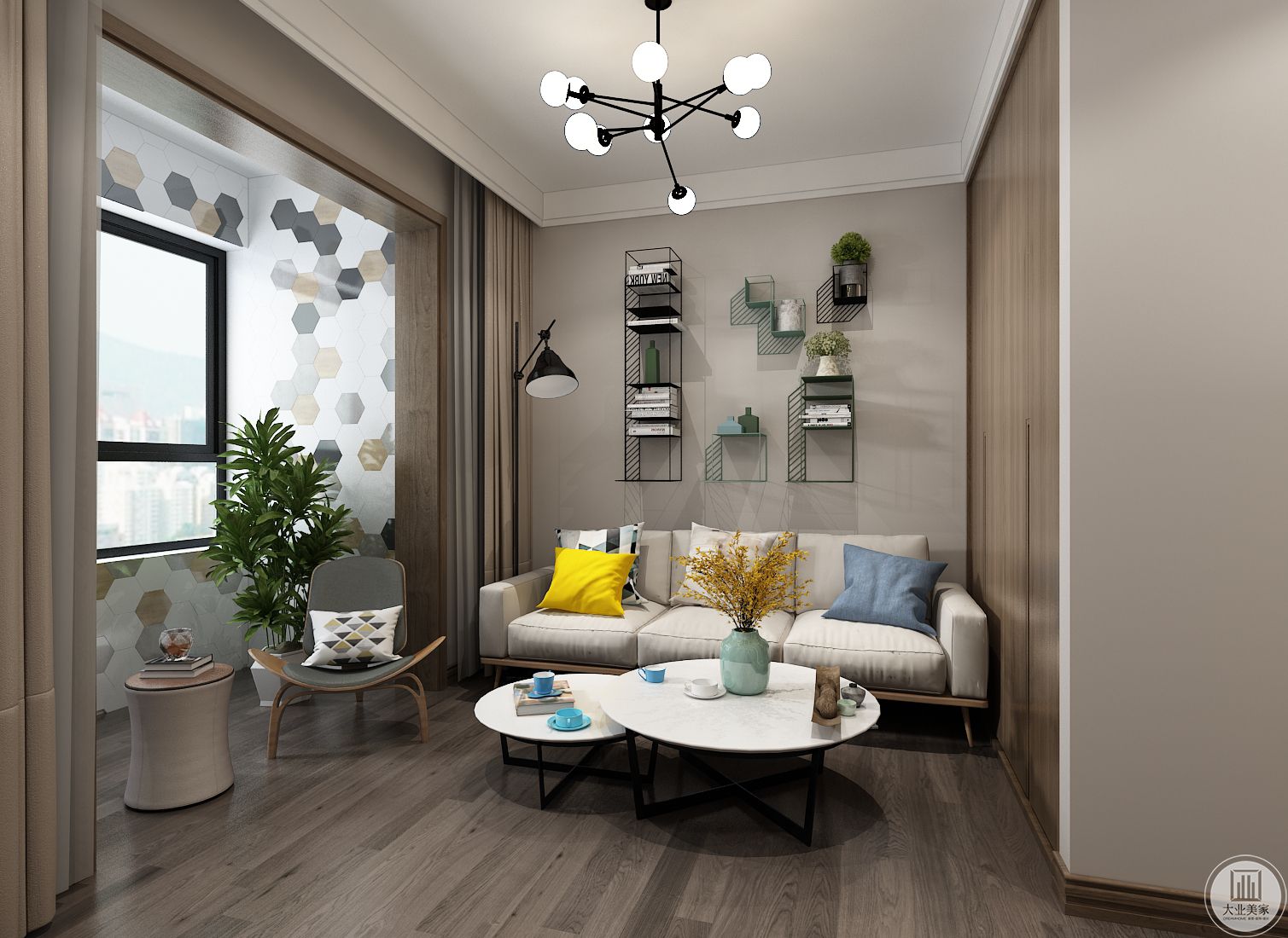 小客厅效果图：小客厅以浅色为主，白色的布艺沙发搭配浅棕色的背景墙，一侧采用实木衣柜，地面铺木地板。