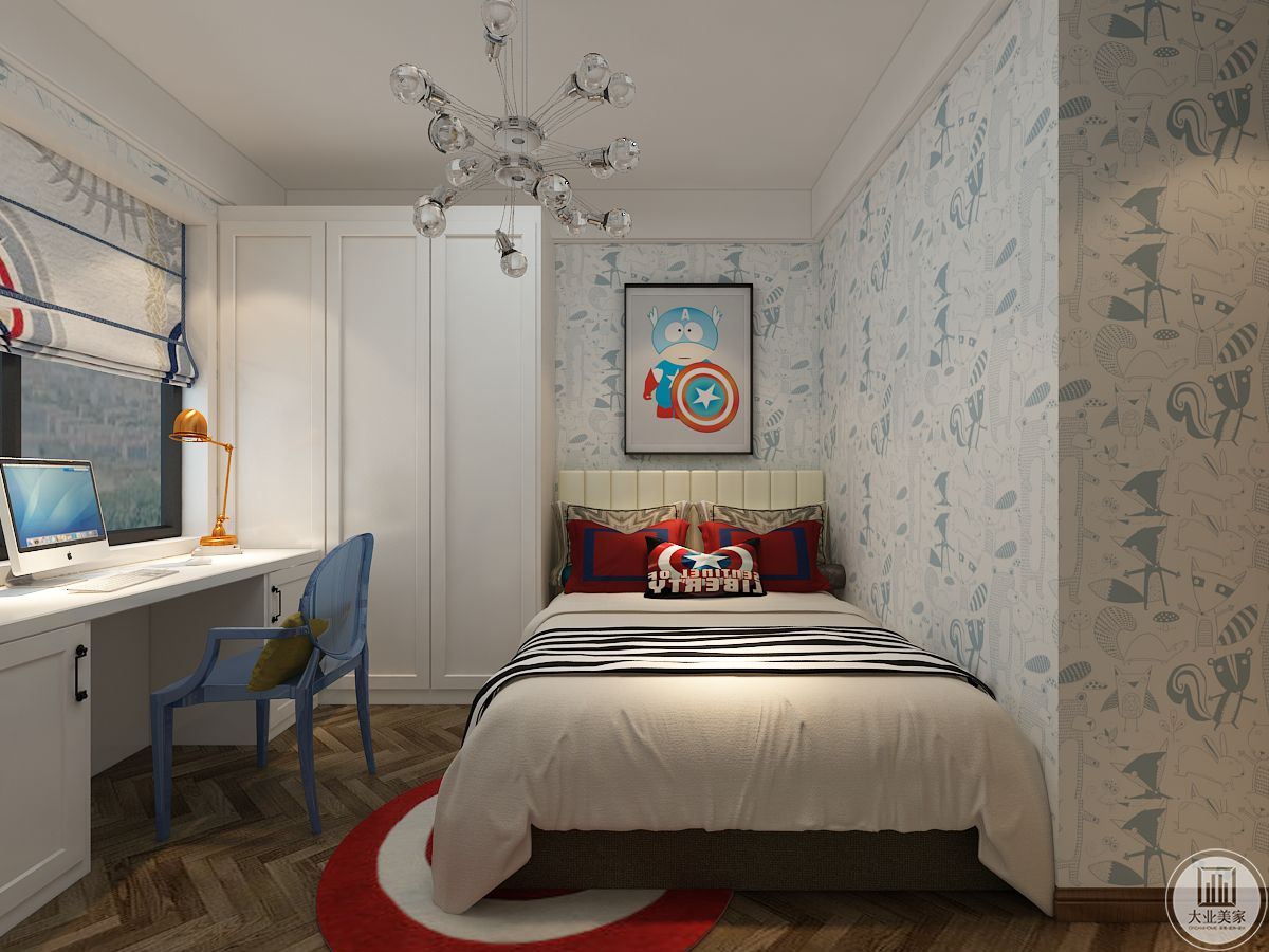 儿童卧室效果图：整体采用浅色风格，床头背景挂卡通人物画。