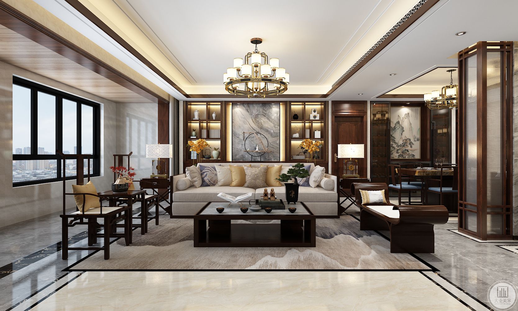 沙发背景墙采用灰色风格的水墨画，沙发以白色为主搭配木质家具，客厅中间摆放黑色茶几。
