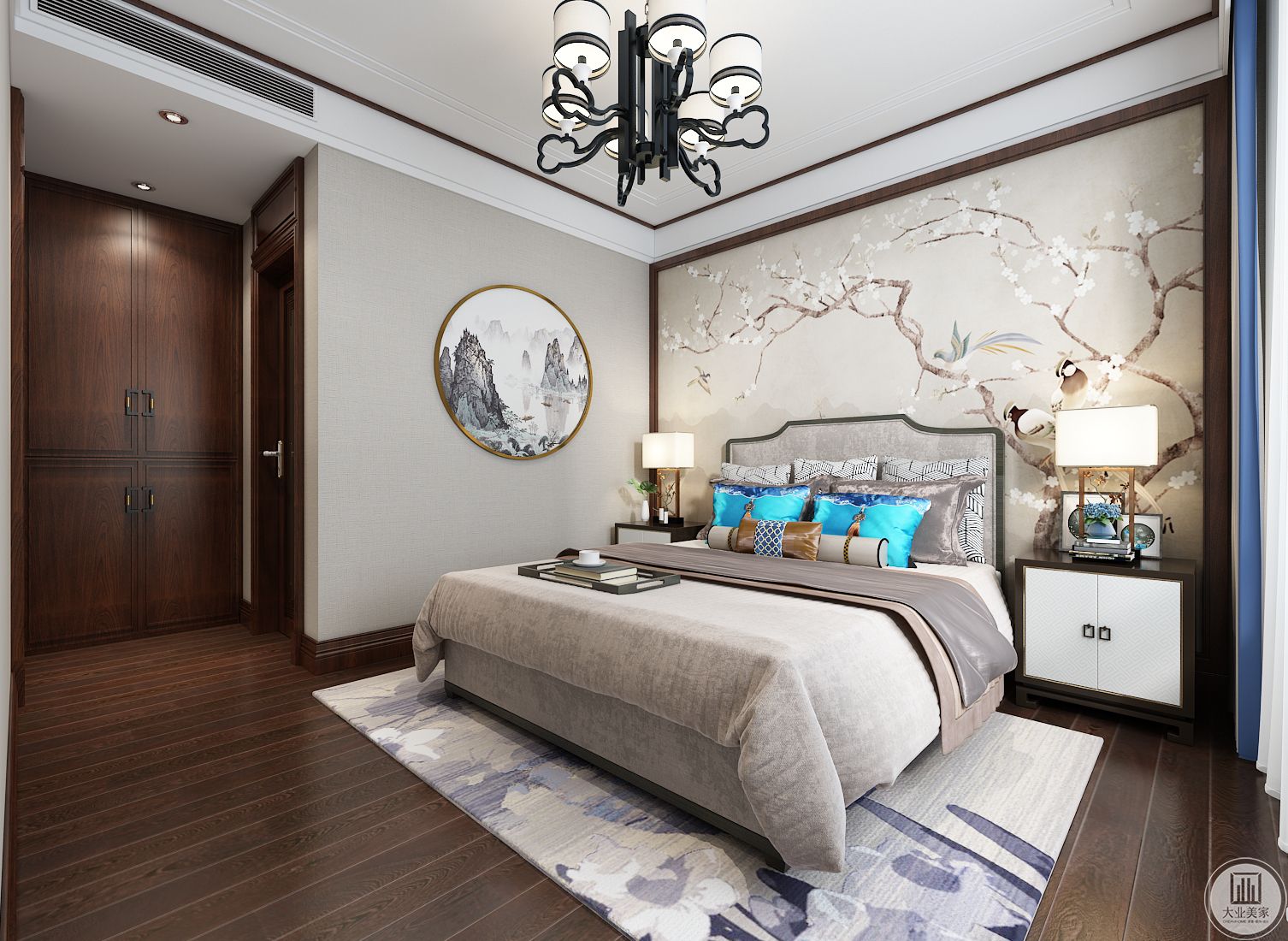 次卧室床头背景墙以花鸟为主，床头柜具有典型中式风格。