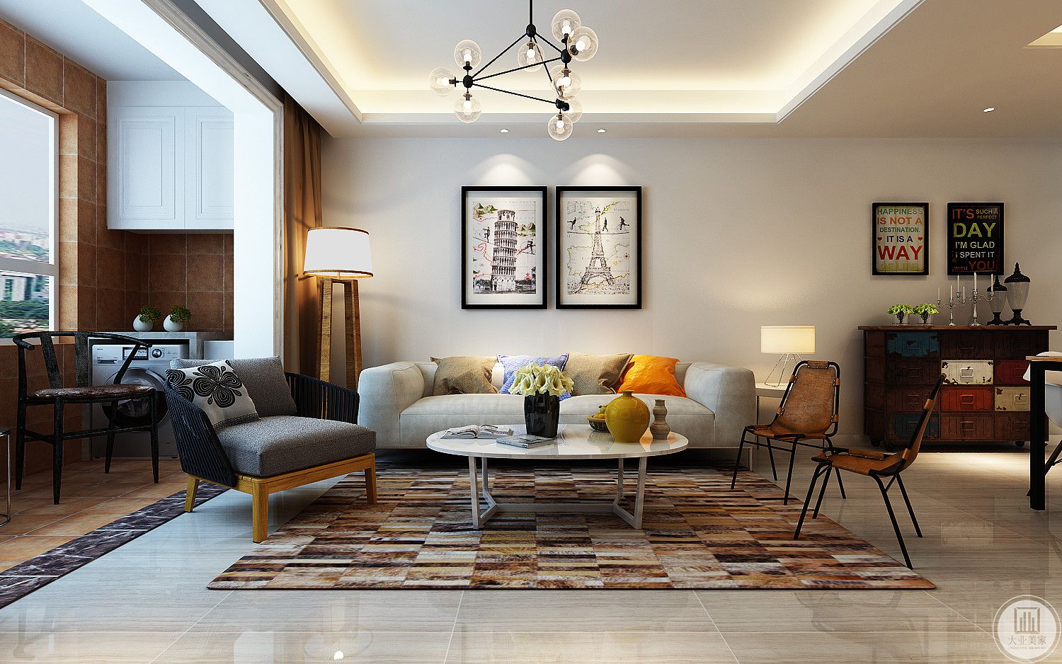 客厅沙发都采用布艺沙发，瓷砖以木纹砖为主，茶几白色为主搭配原木色地毯。