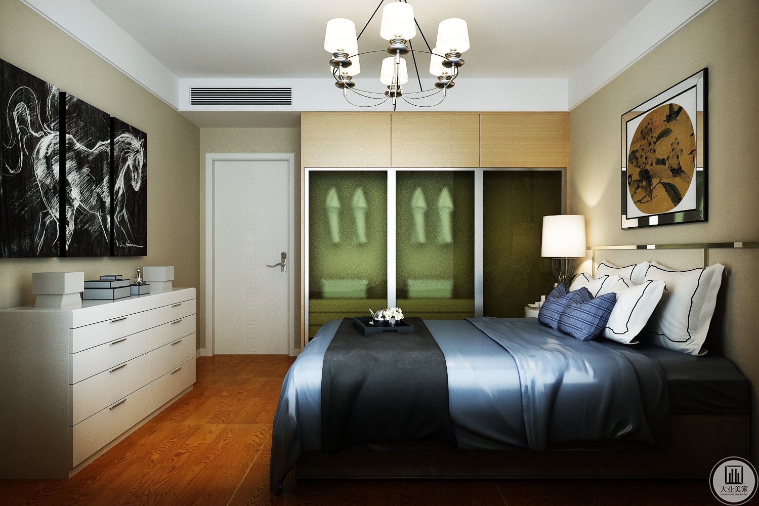 主卧室采用淡黄色与深蓝色为主，地面使用实木地板，时尚的同时也能让人快速镇静下来。