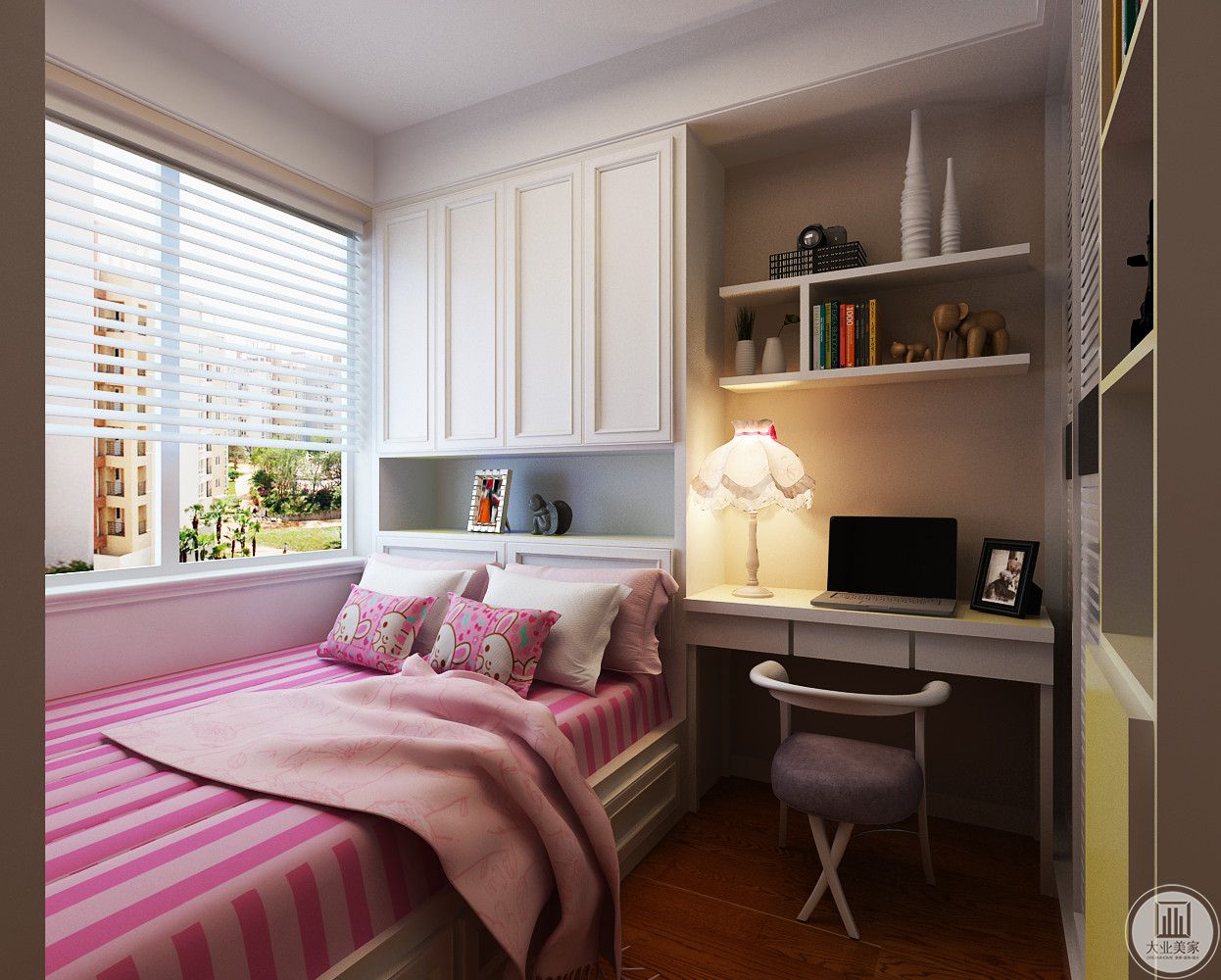 次卧室使用榻榻米，用粉色装饰，一侧是白色书桌保证休息的同时，又不耽误学习。