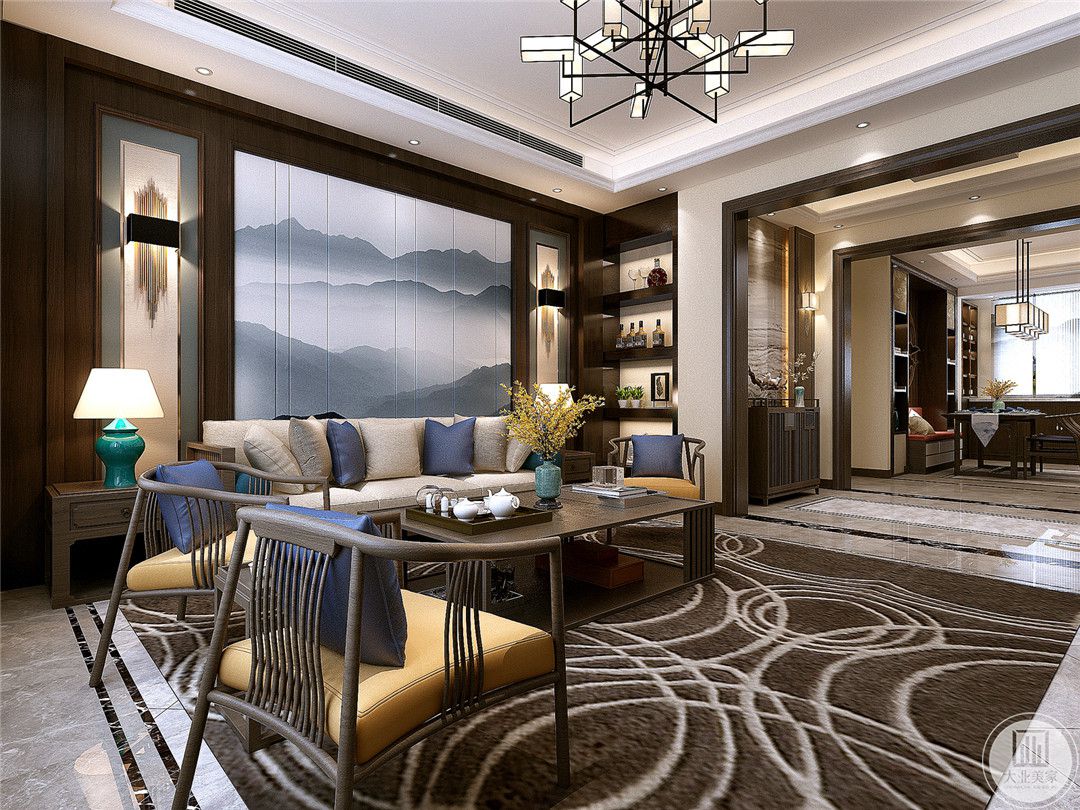 客厅沙发墙采用中式风格浓郁的水墨画，沙发以白色为主搭配两侧中式风格的棕色小茶几