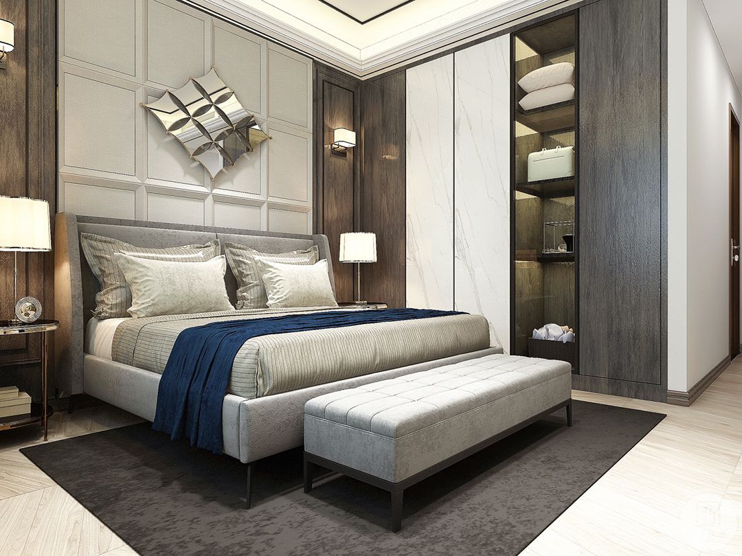 主卧室的床整体采用灰色，灰白相间的衣柜，床头背景采用镜面的几何图形装饰。