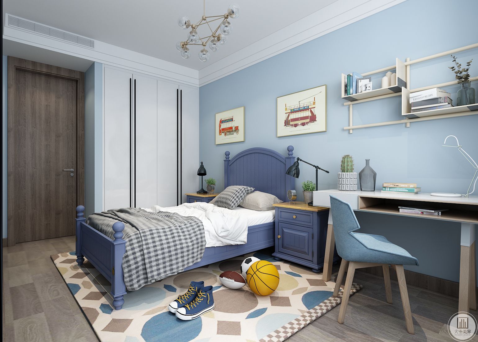 男孩卧室整体采用蓝色装饰，充满了青春的活力。