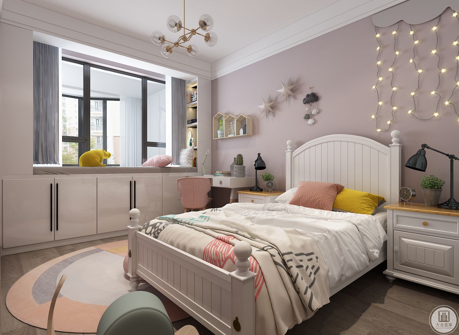 女孩卧室整体采用粉色，温馨恬静，飘窗的利用让整个空间更加宽敞。