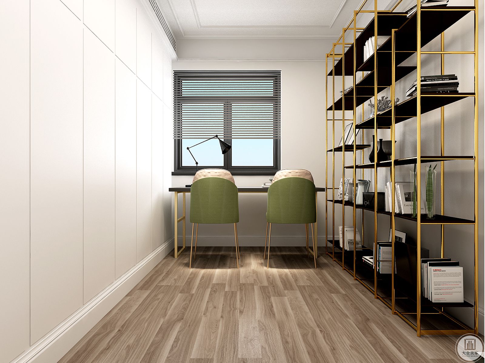 书房用白色壁橱，以金属色为主的陈列柜，搭配木地板温馨时尚。