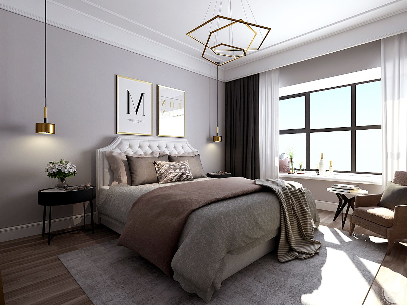 卧室整体采用灰色装饰，两侧床头柜都采用黑色。