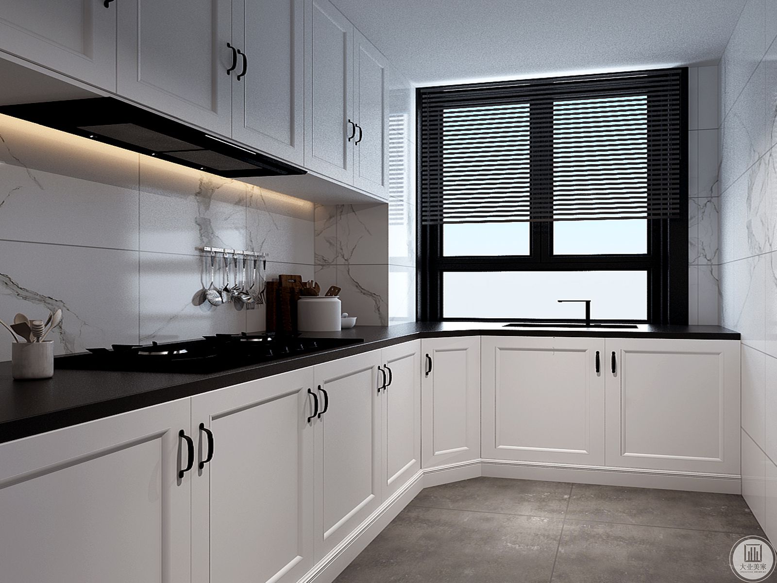 厨房墙面使用白色瓷砖，搭配白色橱柜。