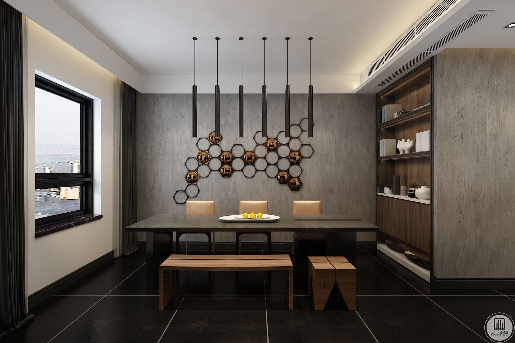 餐厅装修效果图：餐厅背景墙采用灰色，餐桌采用黑色餐椅采用原木色。