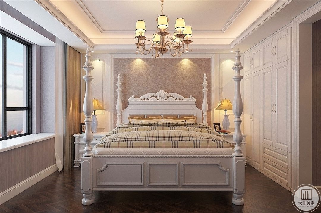 卧室装修效果图：整体采用复古欧式的设计，搭配浅色的床头背景与深色木地板，高贵而又温馨。