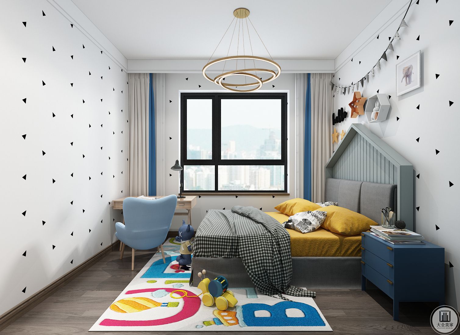次卧室效果图：次卧室做成儿童卧室，浅色小床搭配深蓝色床头柜，窗户旁边就是木质书桌椅子。