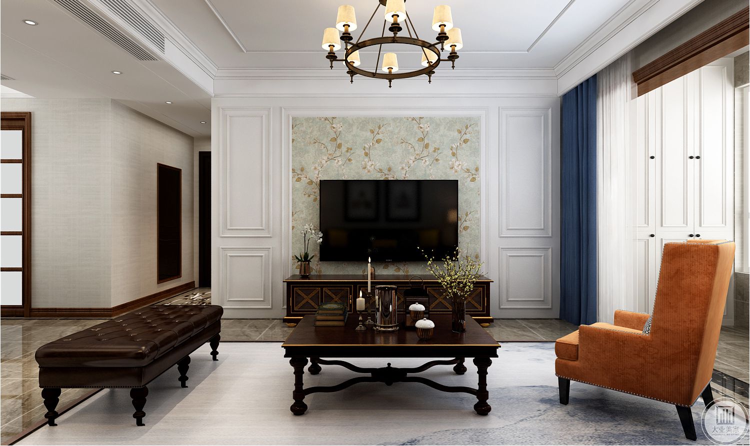 客厅装修效果图：沙发墙及餐厅墙用线条点缀丰富空间层次。