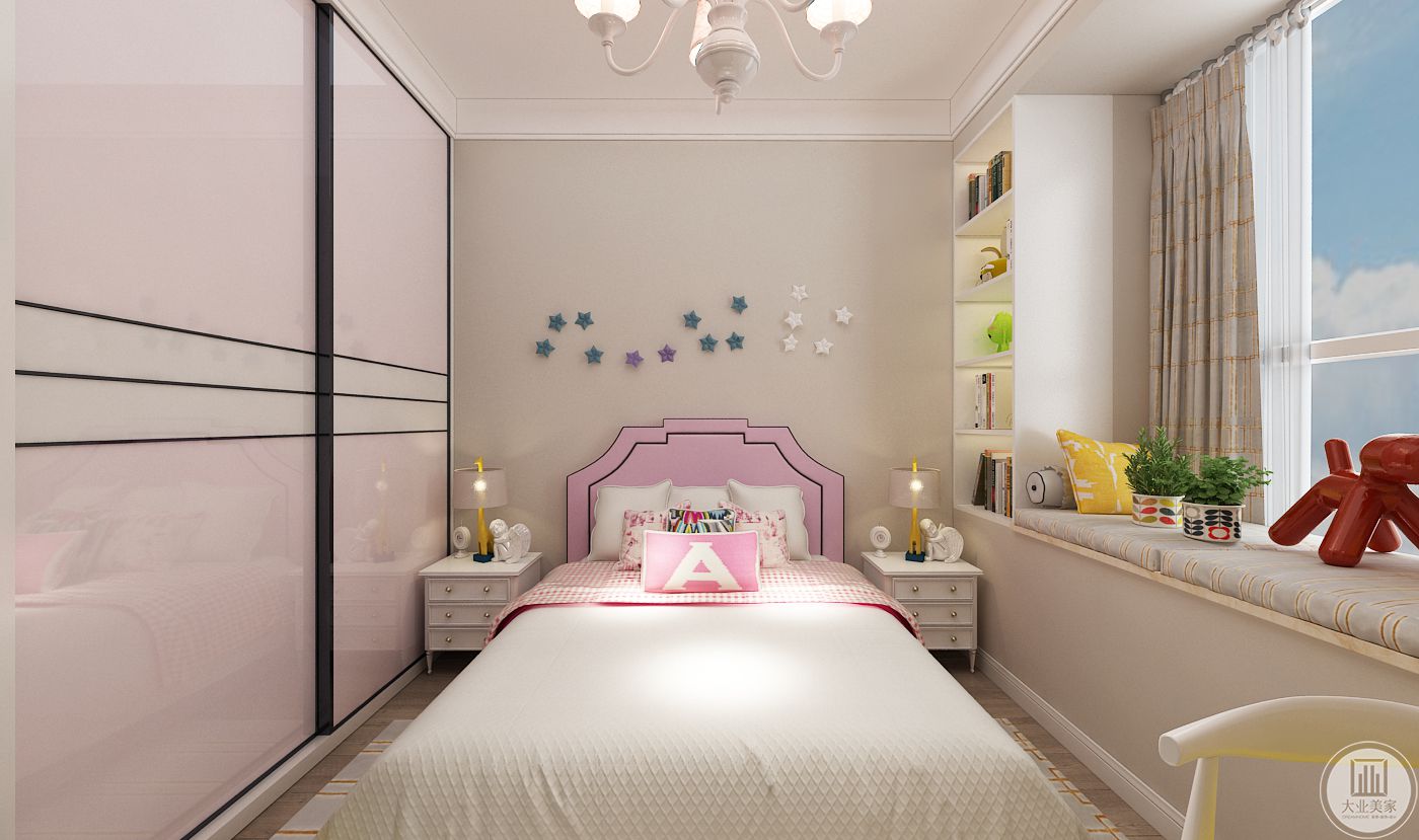 次卧装修室效果图：粉色的床搭配两侧的白色床头柜，一侧的橱柜门以粉色为主。