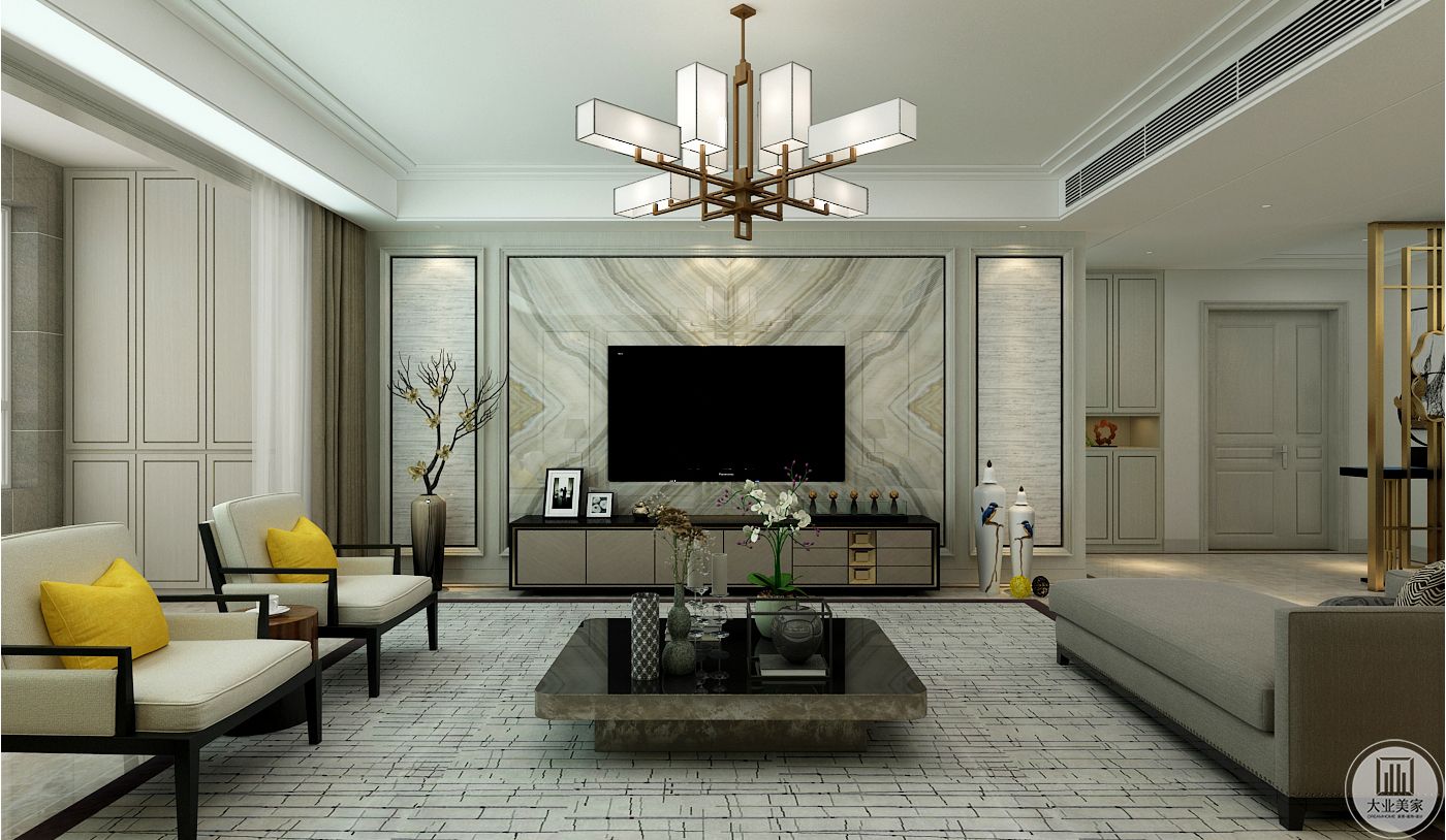 客厅装修效果图：客厅影视墙采用木纹瓷砖，电视柜采用灰色实木，两侧使用窄框线。