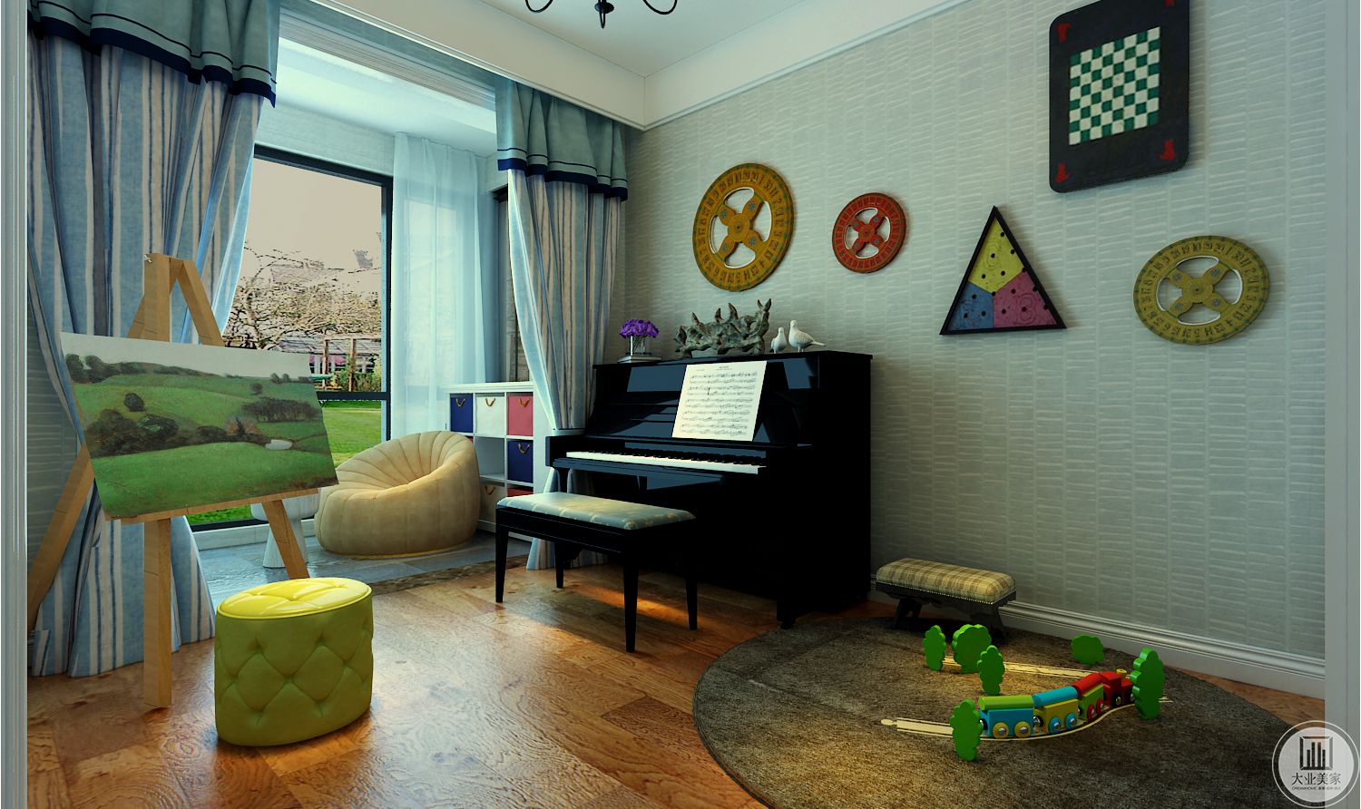 休闲室装修效果图：地面铺木地板搭配浅绿色地毯，黑色钢琴搭配蓝色壁纸。