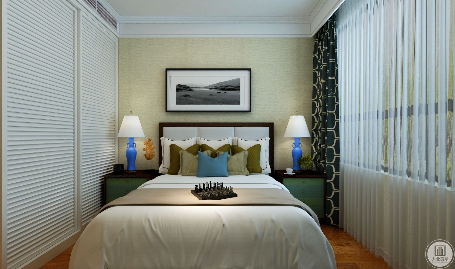 客房装修效果图：背景墙铺贴浅黄色壁纸，用黑白风景画装饰，白色大床两侧搭配浅绿色床头柜。