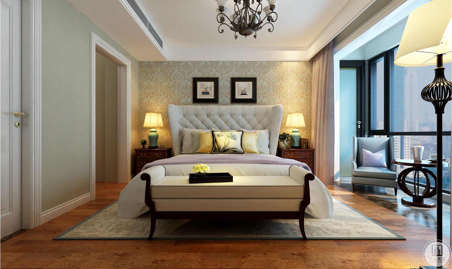 主卧室装修效果图：床头背景墙采用浅绿色壁纸，搭配两幅装饰画
