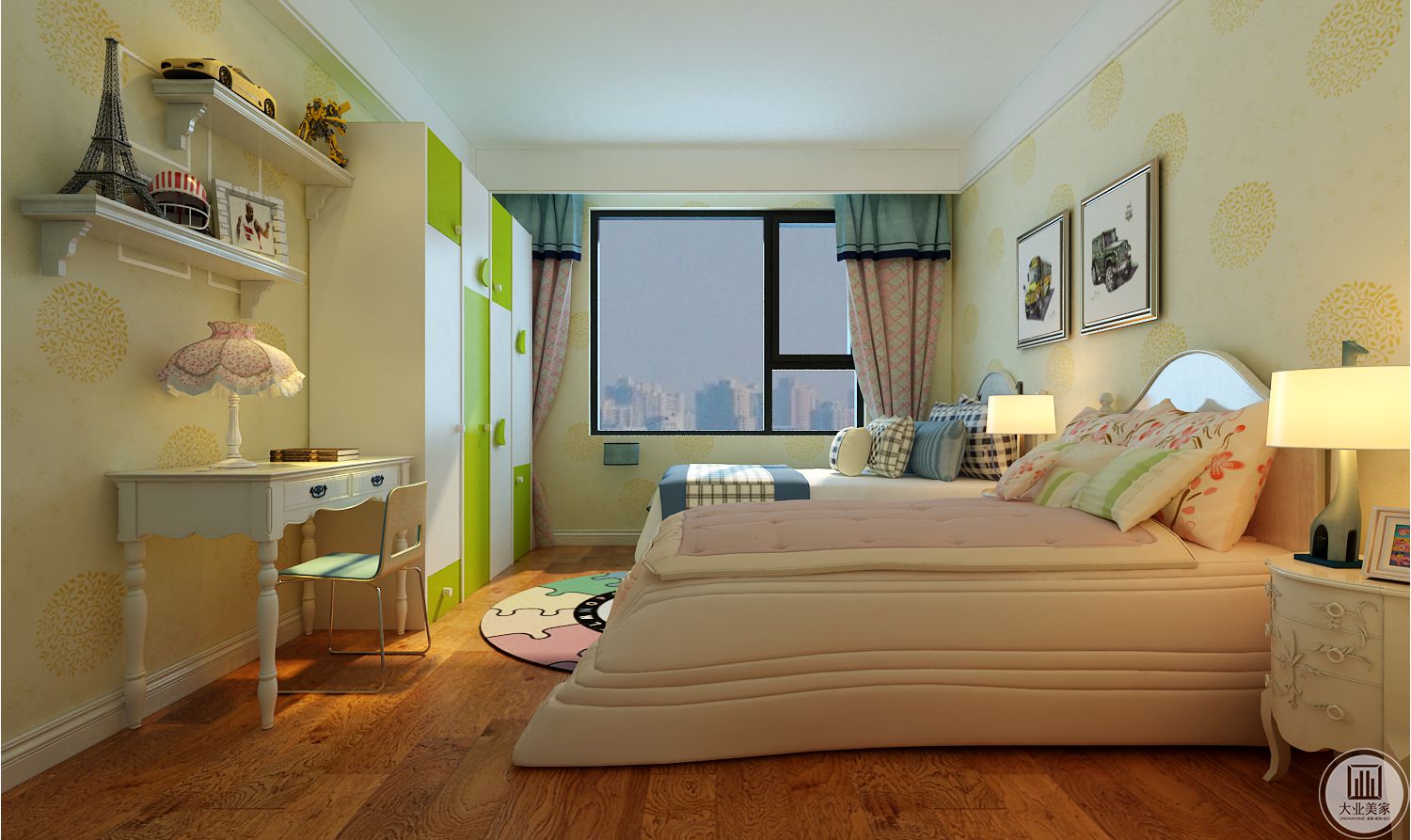 儿童卧室装修效果图：床尾的部分设置白绿色橱柜，搭配白色书桌。
