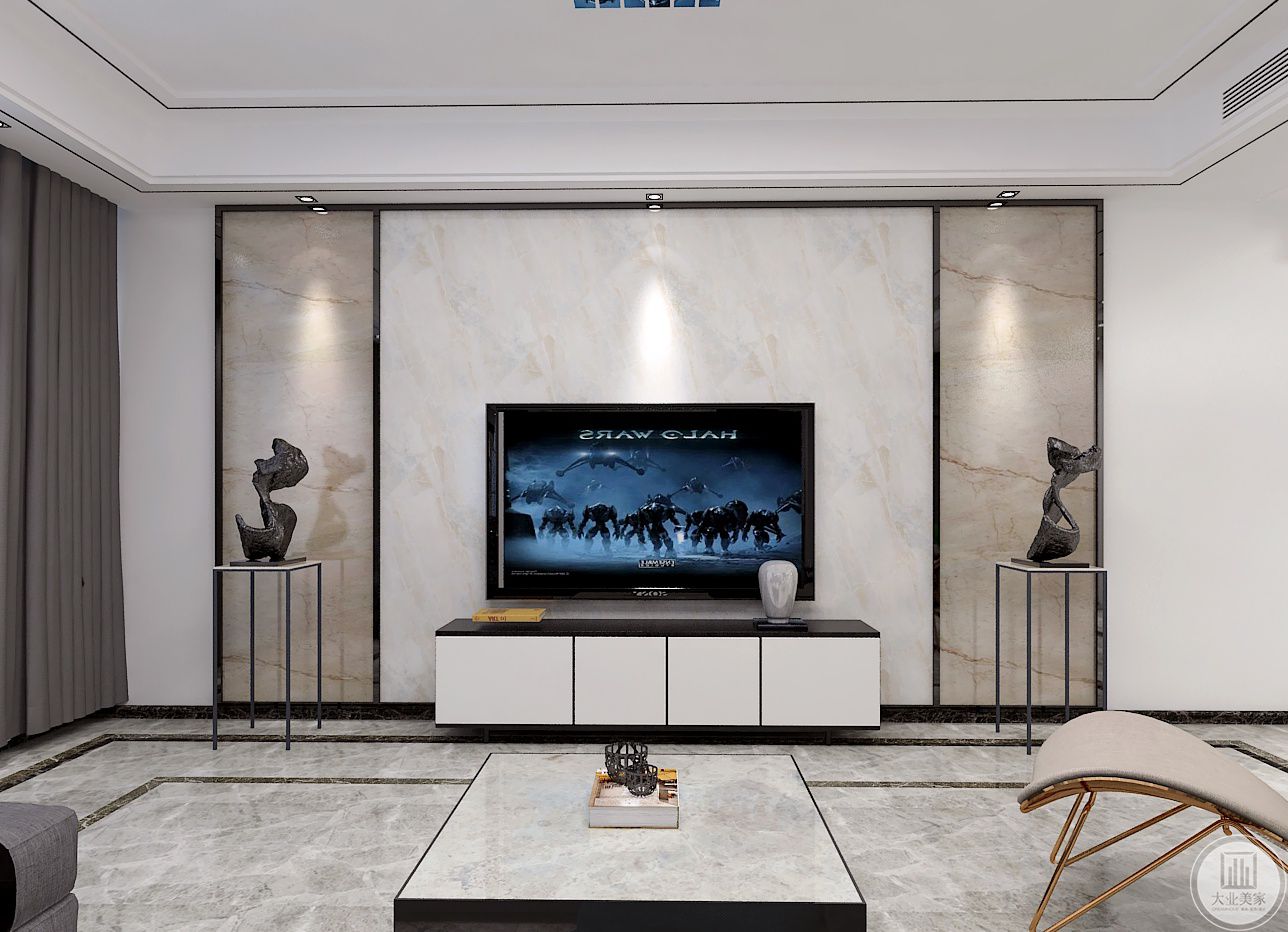 客厅装修效果图：影视墙使用瓷砖做装饰，搭配黑白的现代风格橱柜。
