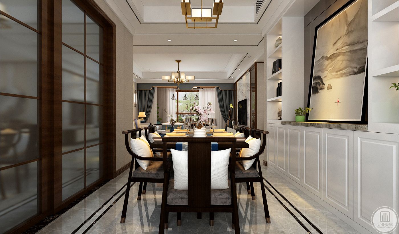 餐厅装修效果图：餐桌餐椅都采用黑色实木，一侧采用白色橱柜，中心嵌入中式画装饰