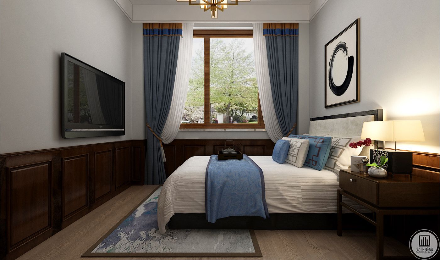 次卧装修效果图：浅色木地板搭配灰蓝色地毯，白色墙面搭配深色实木墙裙，床头背景墙采用黑白风装饰画。