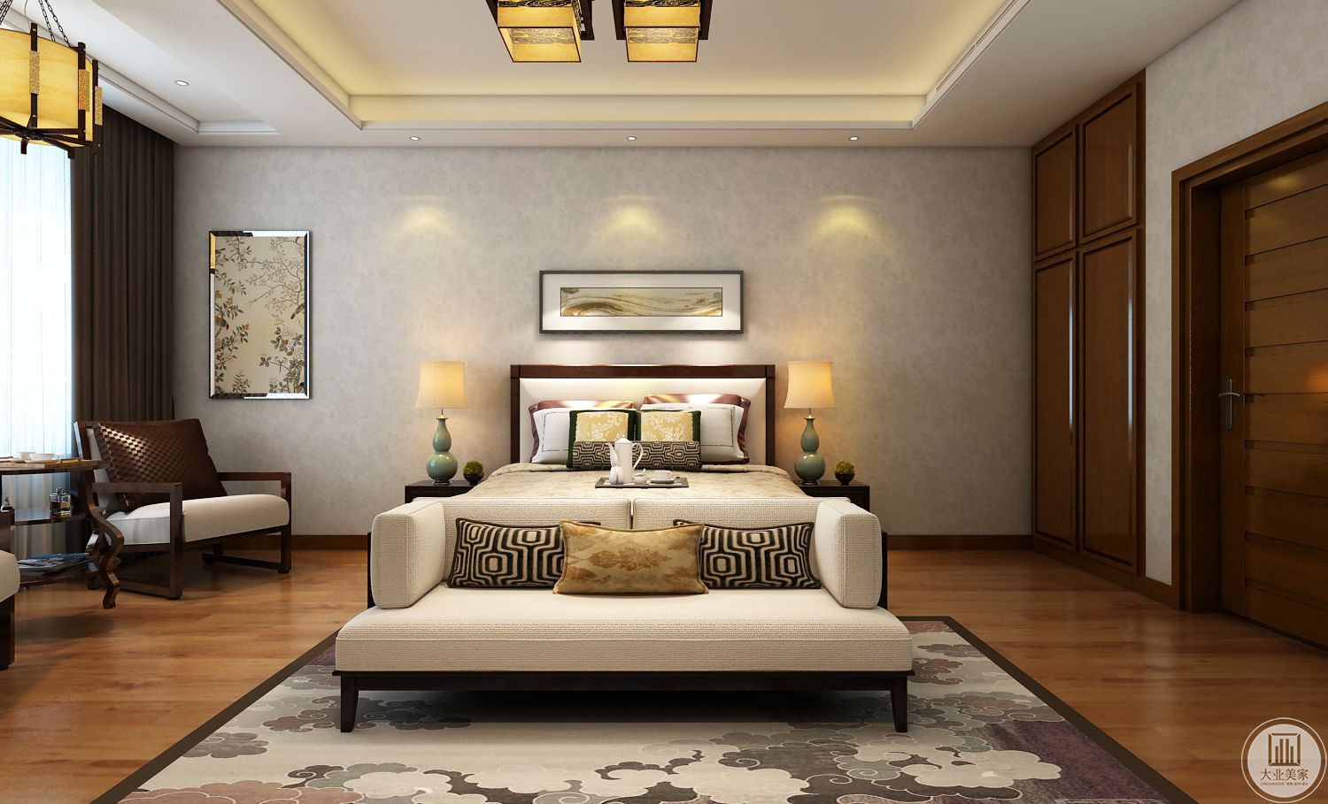 次卧室装修效果图：次卧室墙面铺浅黄色壁纸，搭配景物装饰画，地面采用浅色木地板，搭配浅色地毯。