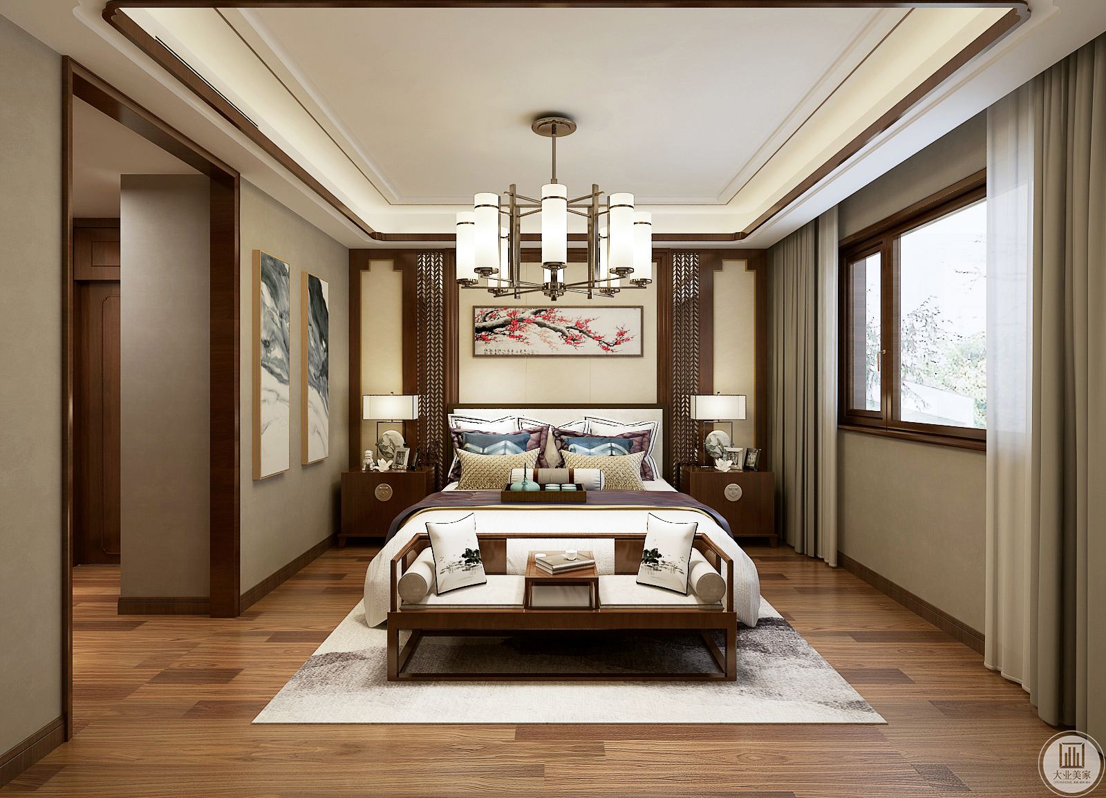 卧室床头背景墙采用黄色壁纸，墙面采用中式风格的挂画装饰，两侧采用中式风格的红木床头柜。