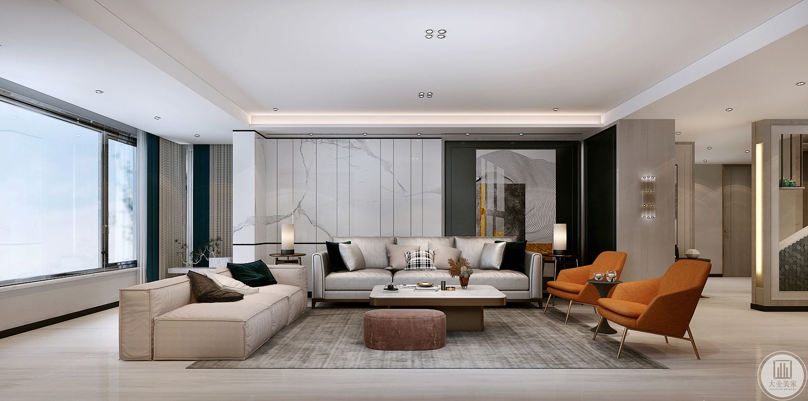 客厅沙发墙采用黑白搭配，白色的一侧采用大理石为主，黑色采用实木装饰，嵌入现代风格抽象画。