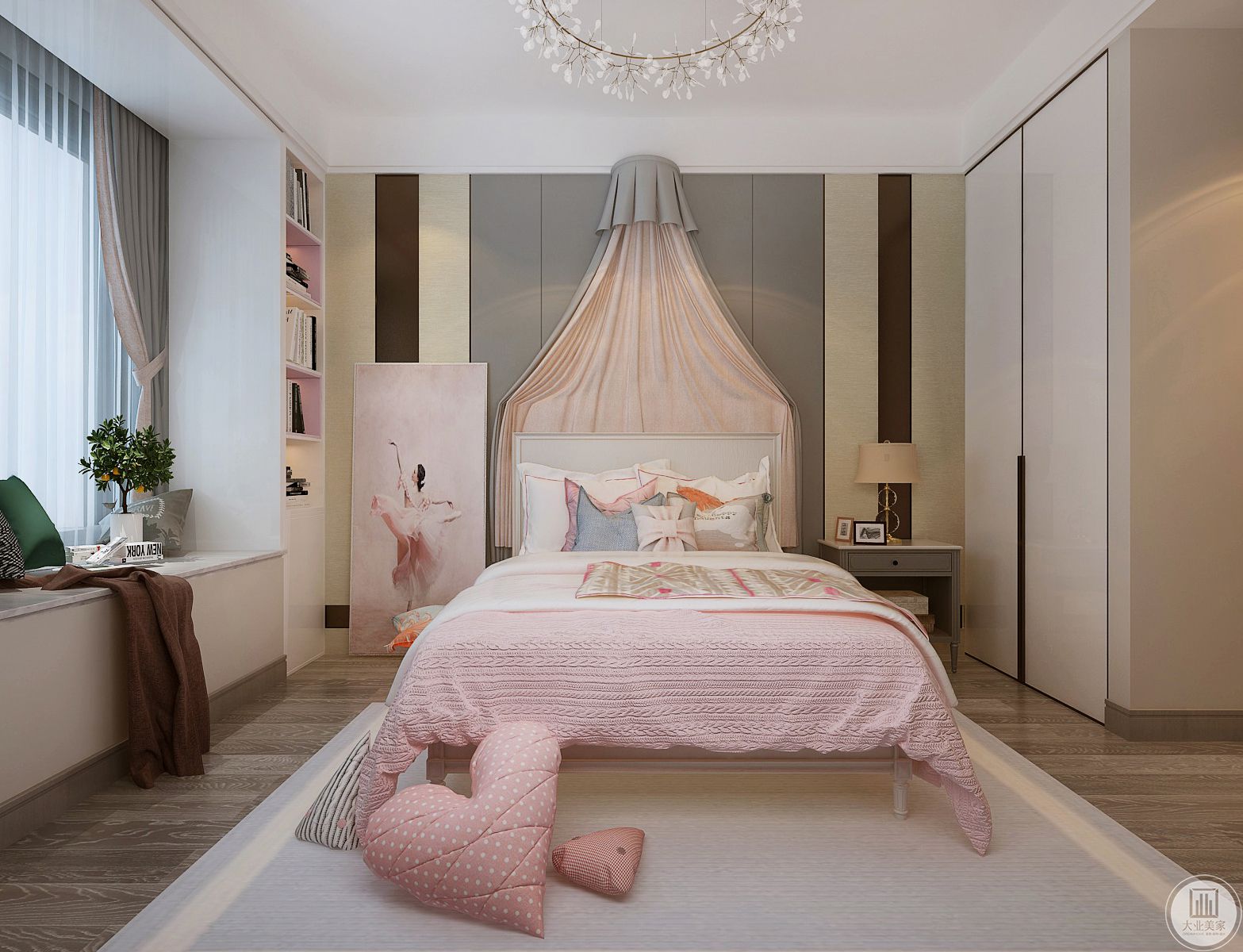 儿童房卧室地面采用深色木地板，搭配浅紫色地毯，床头背景墙做成类似窗帘的样式，一侧的窗户采用飘窗的效果。