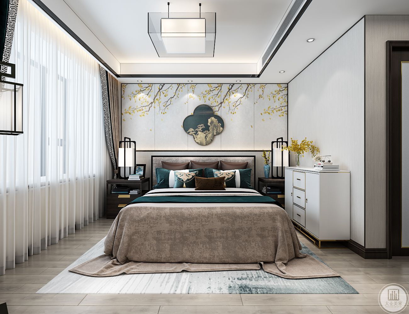 主卧是床头背景墙采用中式风格壁纸，墙面采用中式装饰物，床的两侧采用中式深色实木床头柜，一侧做白色实木收纳柜。