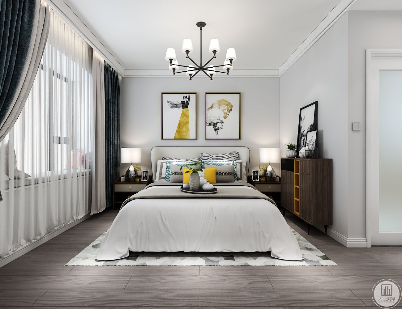 主卧室床头背景墙采用浅灰色，墙面悬挂两幅现代风格抽象画做装饰，两侧的采用深色实木床头柜，一侧靠墙的深色实木柜。