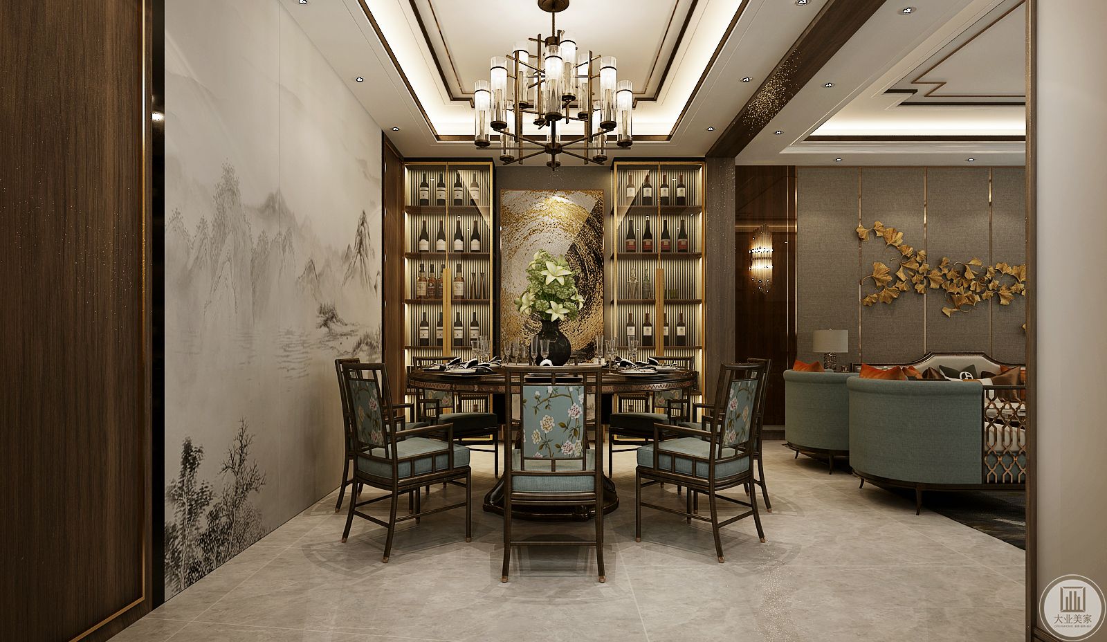 餐厅餐桌餐椅都采用实木材料，墙面中心采用金色抽象画，两侧做成展示柜。