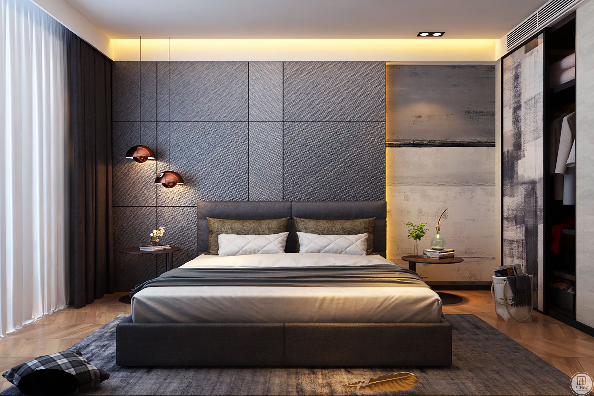 卧室空间，以舒服的中性色为主基调，尽可能的使人沉静、闲适。