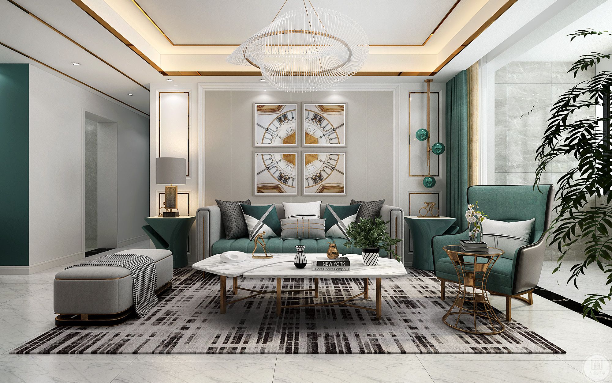 客厅以简洁的白色作底，夹杂着浅淡而温润的木色，梳理出了柔和而婉约的空间气质