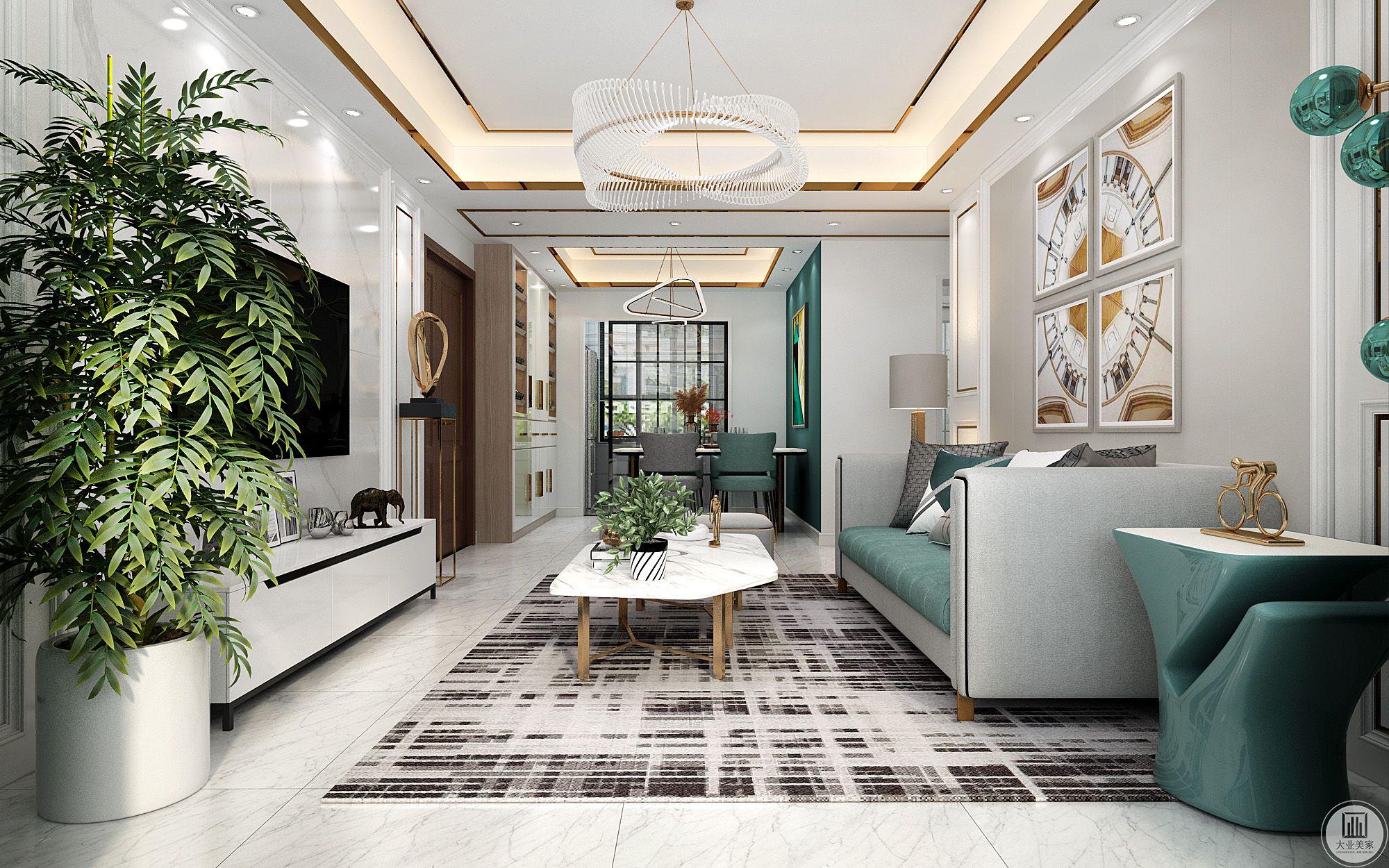 客厅以简洁的白色作底，夹杂着浅淡而温润的木色，梳理出了柔和而婉约的空间气质。