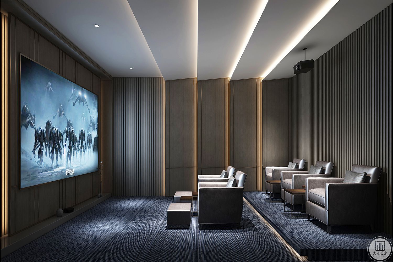 影音室通过灯光营造科技感，给客户提供一个会客休闲的空间