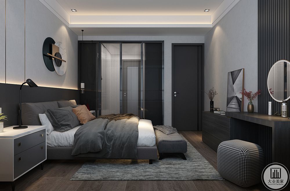 卧室以胡桃木色地板和灰色墙板搭配，并增加局部同色系跳色加深空间的层次。