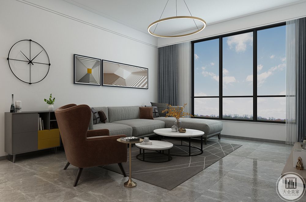 整个空间主要是极简风格，客厅主沙发，作为体积最大的家具之一，它的颜色和面料，为我们的空间定下了基调。