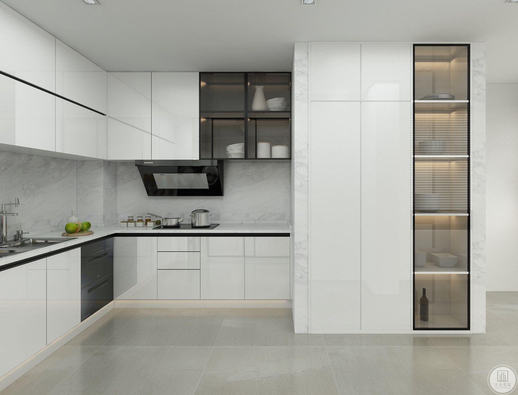 厨房以白色为主加黑色玻璃门更有质感