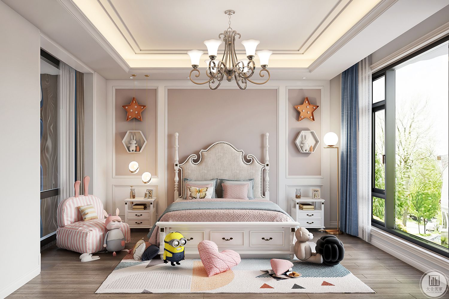 儿童房以美式风格粉色为主，床头灯用吊灯加落地灯