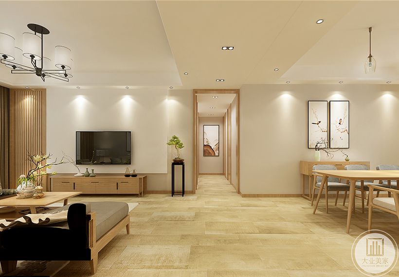 客厅主体以白为主色调  木色装饰性墙体和木色家具弱化整体空间的冰冷增添一定的温度