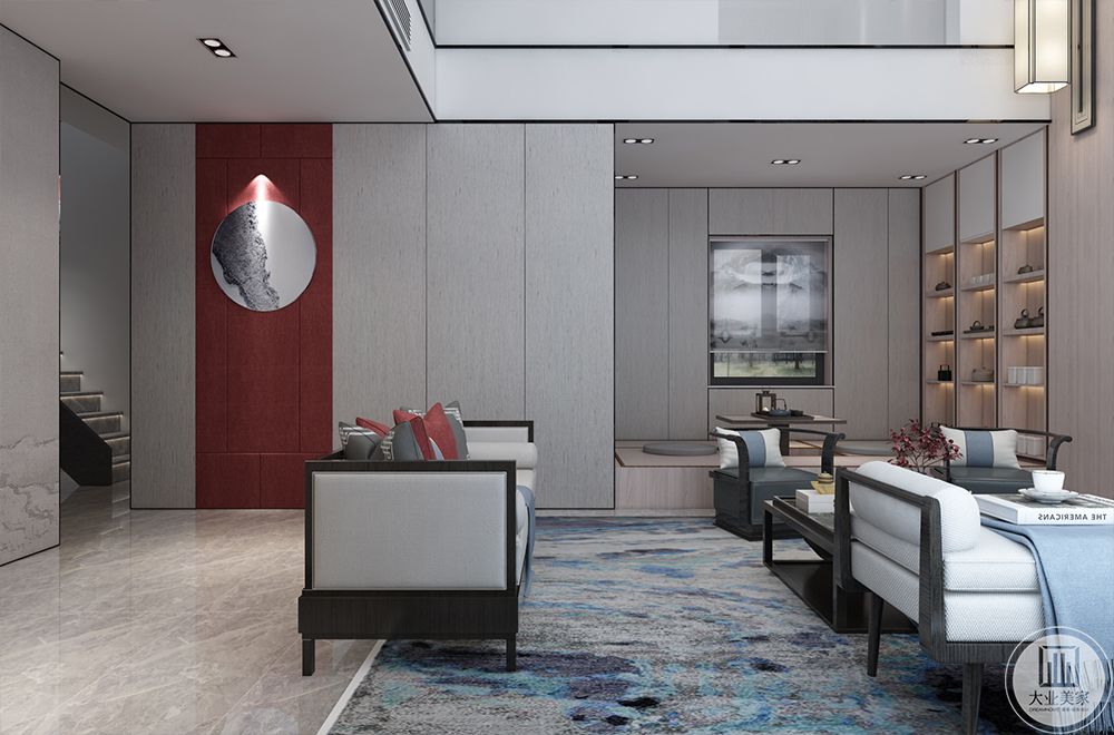 客厅空间侧面墙体用中国传统颜色做调色，让空间灵动