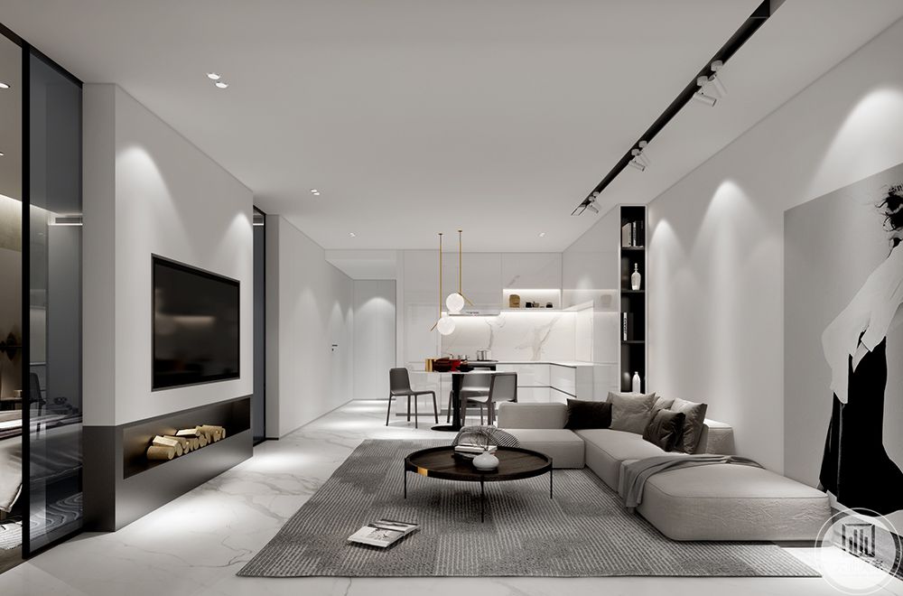 黑、白、灰是整个客厅的材质用色，比较内敛，沉静