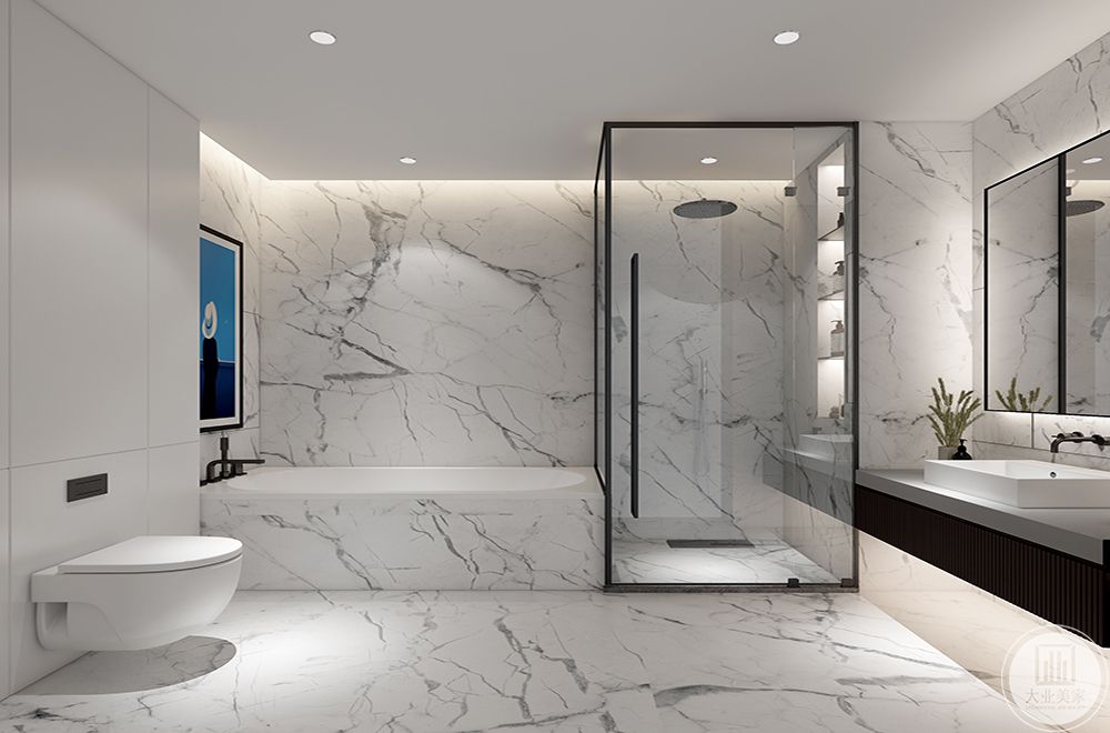 卫生间墙面、地面由同款石材一体而成，置入高质感的镜面，可谓干练中恰到好处的融合与均衡