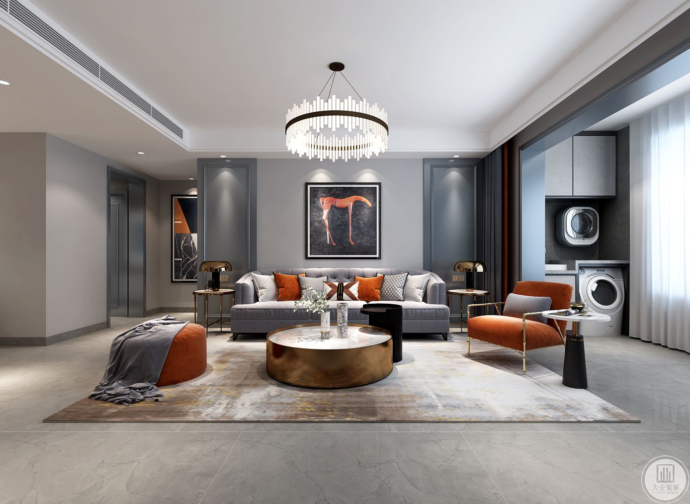 沙发背景造型与影视墙遥相呼应，金属元素家具搭配橘色软装，即有视觉冲击感又舒适温馨