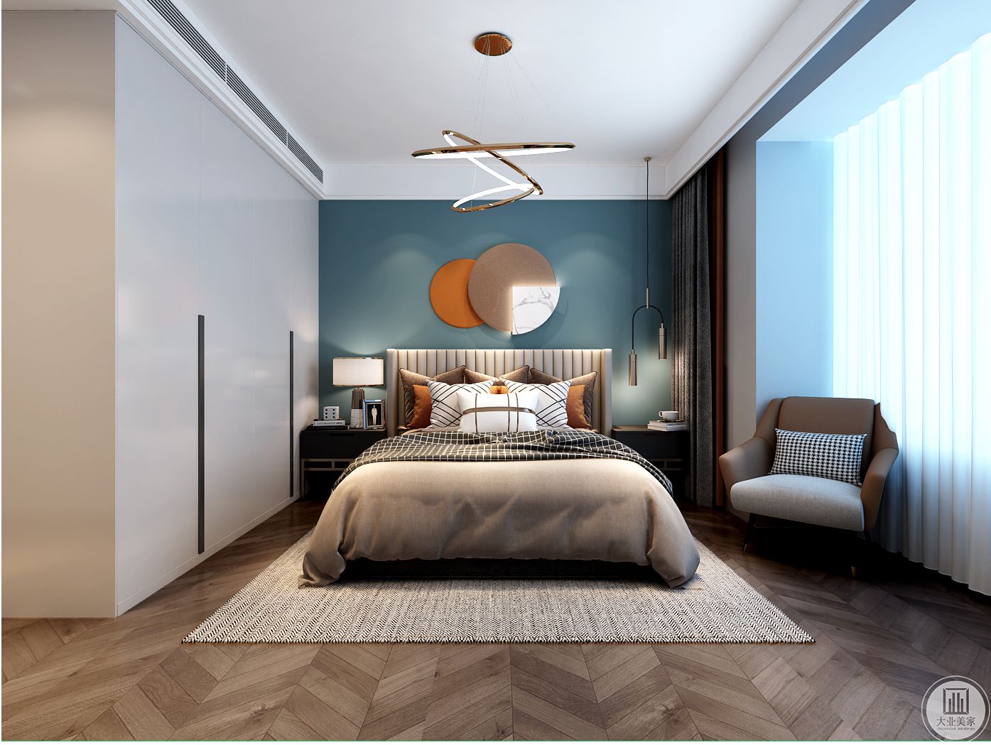 海蓝色床头背景搭配橘色软装壁灯，互补又舒适，温馨舒适的感觉