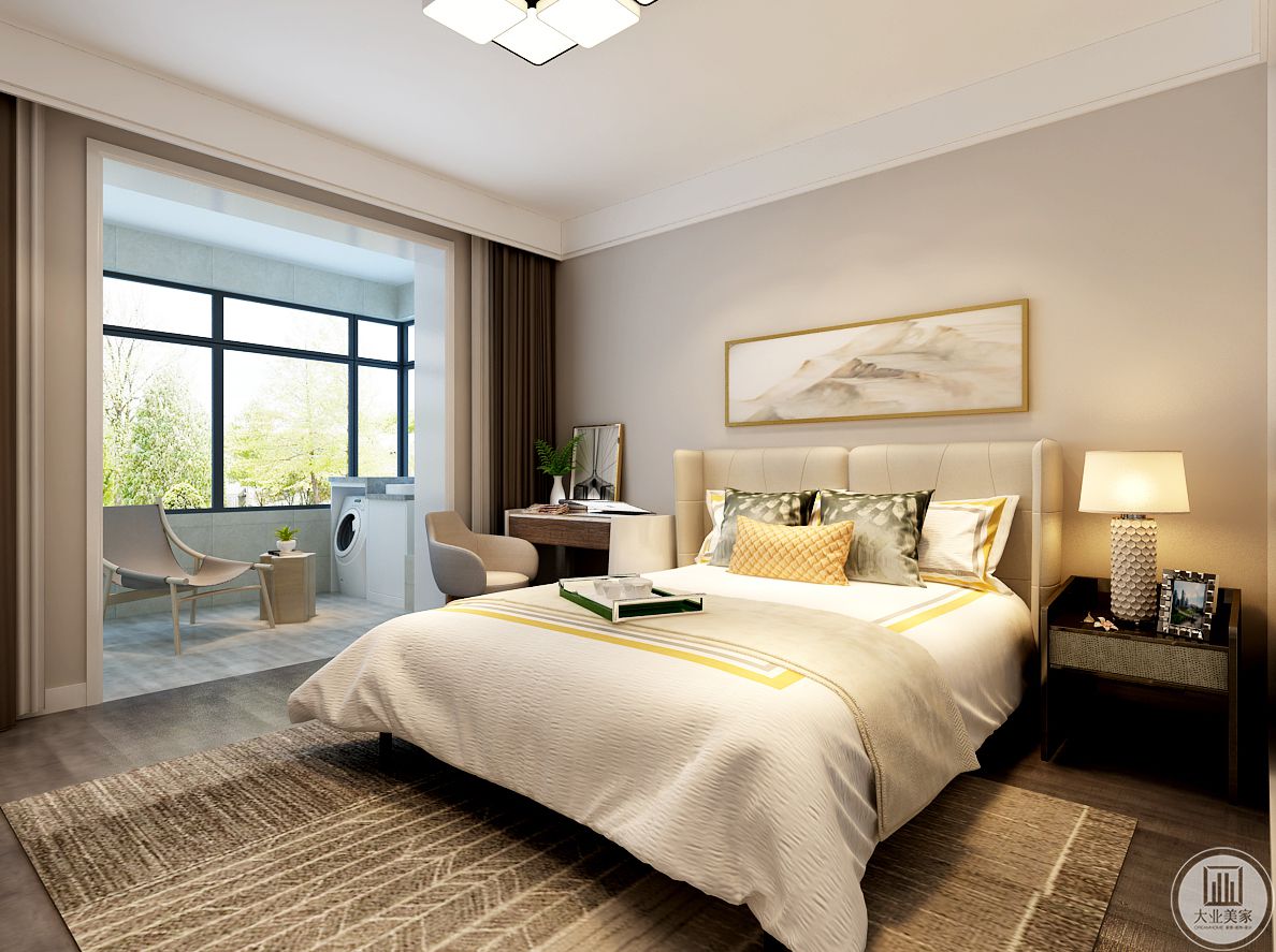 温馨舒适整体色调，生活阳台与卧室相结合，拉伸空间感