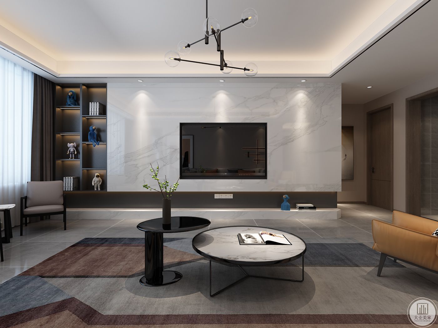 客厅是整体风格的亮点表现，在色彩的搭配上大气的石材背景搭配深色木饰面拉伸了整体空间感。开放装饰柜的运用使得整体空间更加的灵动舒适。